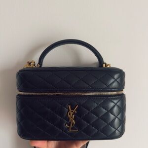 Saint Laurent Black Quilted Leather Vanity Case with Gold YSL
